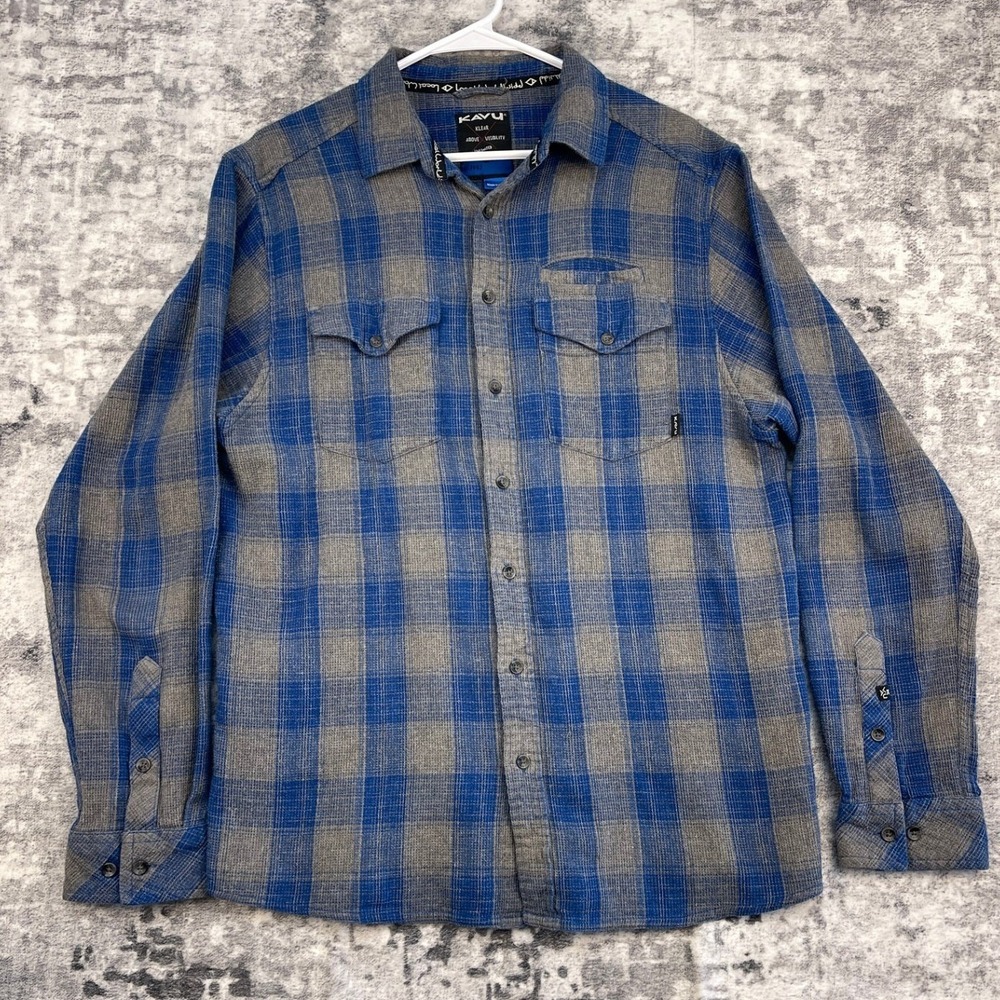 Kavu Men XL Flannel Shirt Blu Grey Plaid Long Sleeve Cotton Button Down Gorpcore